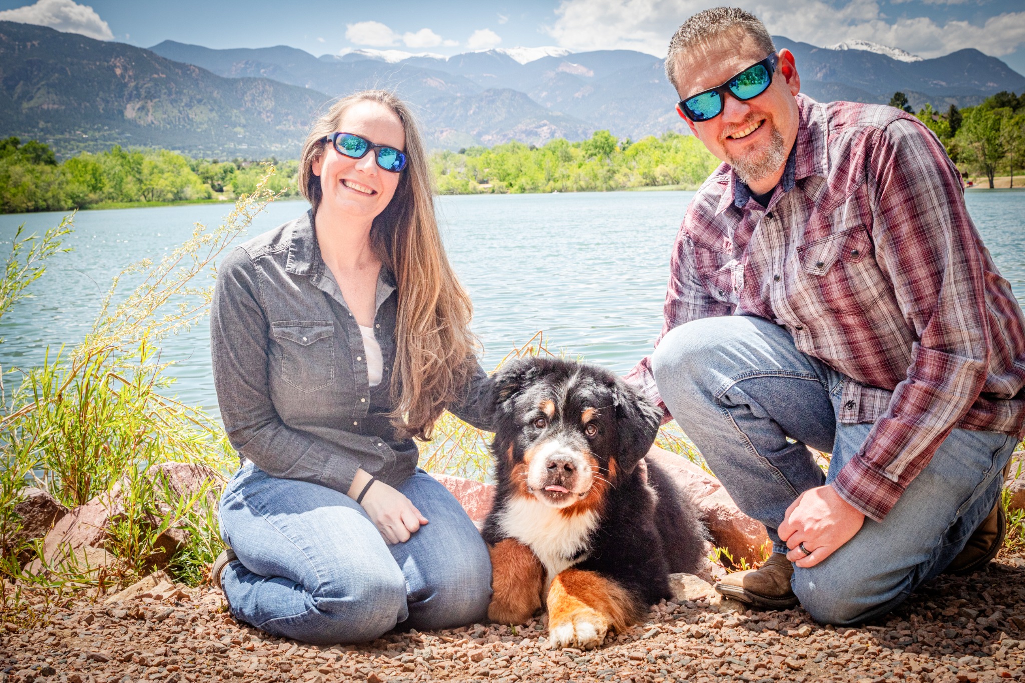 Lisa and Duke Monk with their Bernese Mountain Dog in Woodland Park, Colorado.